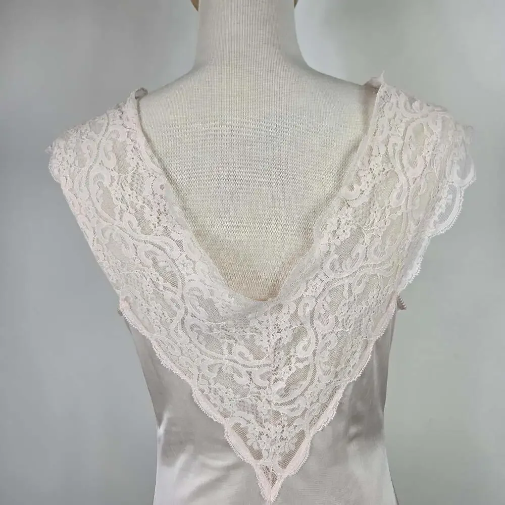 Vintage Pink Satin Nightgown Lace Midi Slip Dress Romantic Lingerie Small